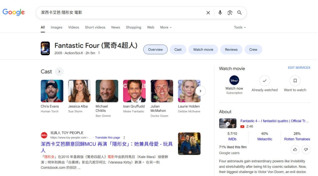 搜尋「潔西卡艾芭 隱形女 電影」，即便沒有指明電影名稱，Google 也會推薦2005年版的驚奇4超人